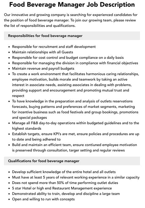 Food and Beverage Department: Responsibilities, .